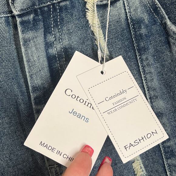 Wide Leg Jeans Womens Large Blue Denim Fringe Frayed Streetwear Baggy Distressed - Picture 4 of 12